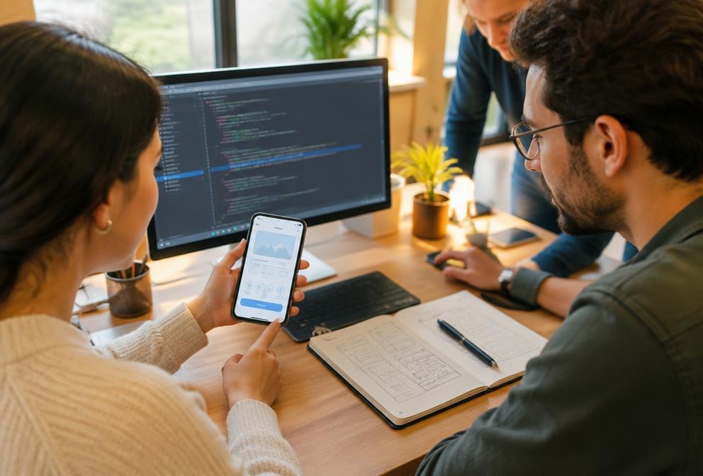 Equipo desarrollando una app a medida con prototipo en el móvil