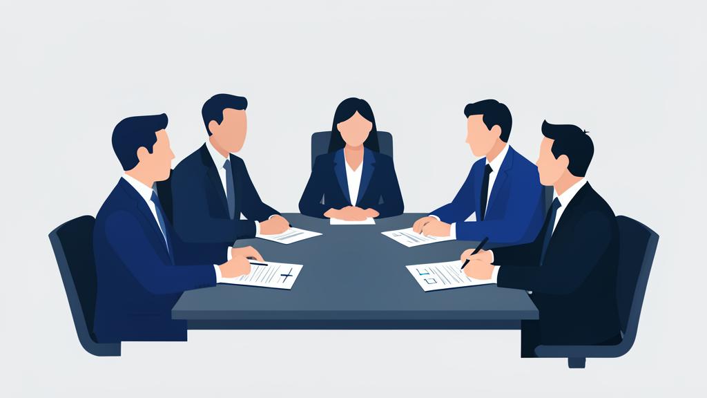 Ilustración de una reunión de dirección revisando documentos y acuerdos