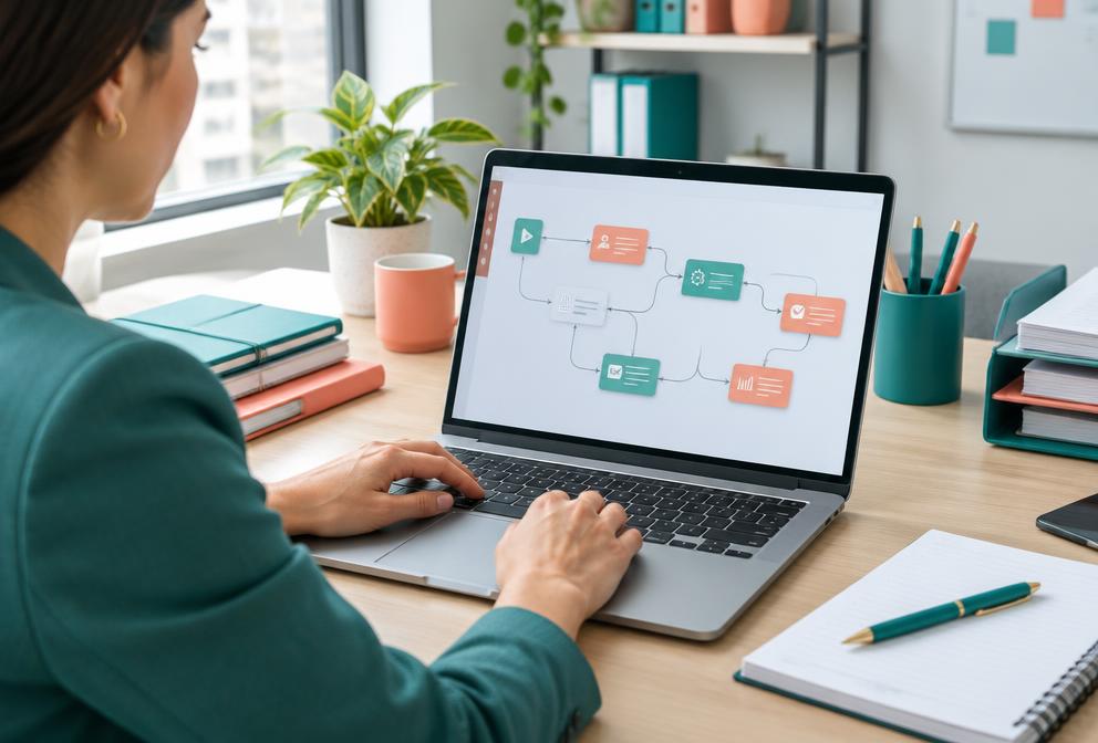 Profesional conectando tareas en un flujo de trabajo digital
