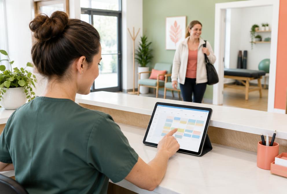 Recepción de una clínica gestionando citas en una agenda digital