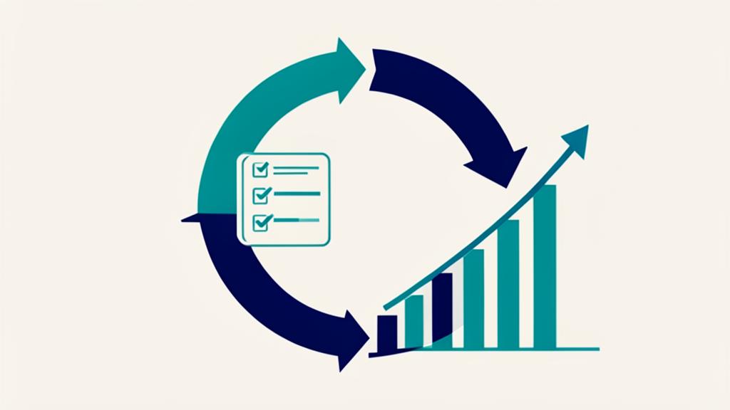 Ilustración de ciclo de mejora continua con lista de verificación y gráfico creciente