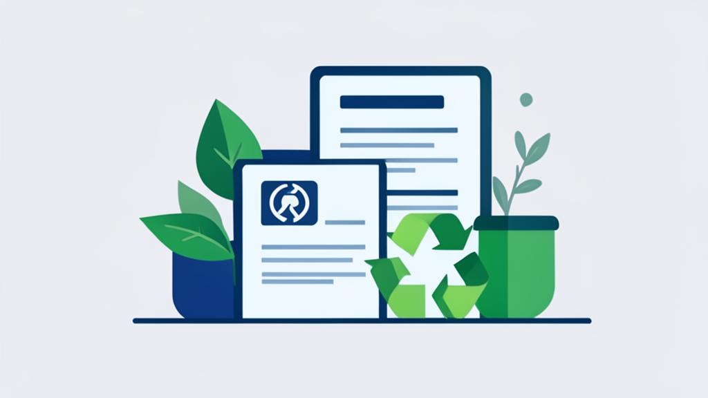 Ilustración de informe de sostenibilidad con hojas verdes y símbolo de reciclaje